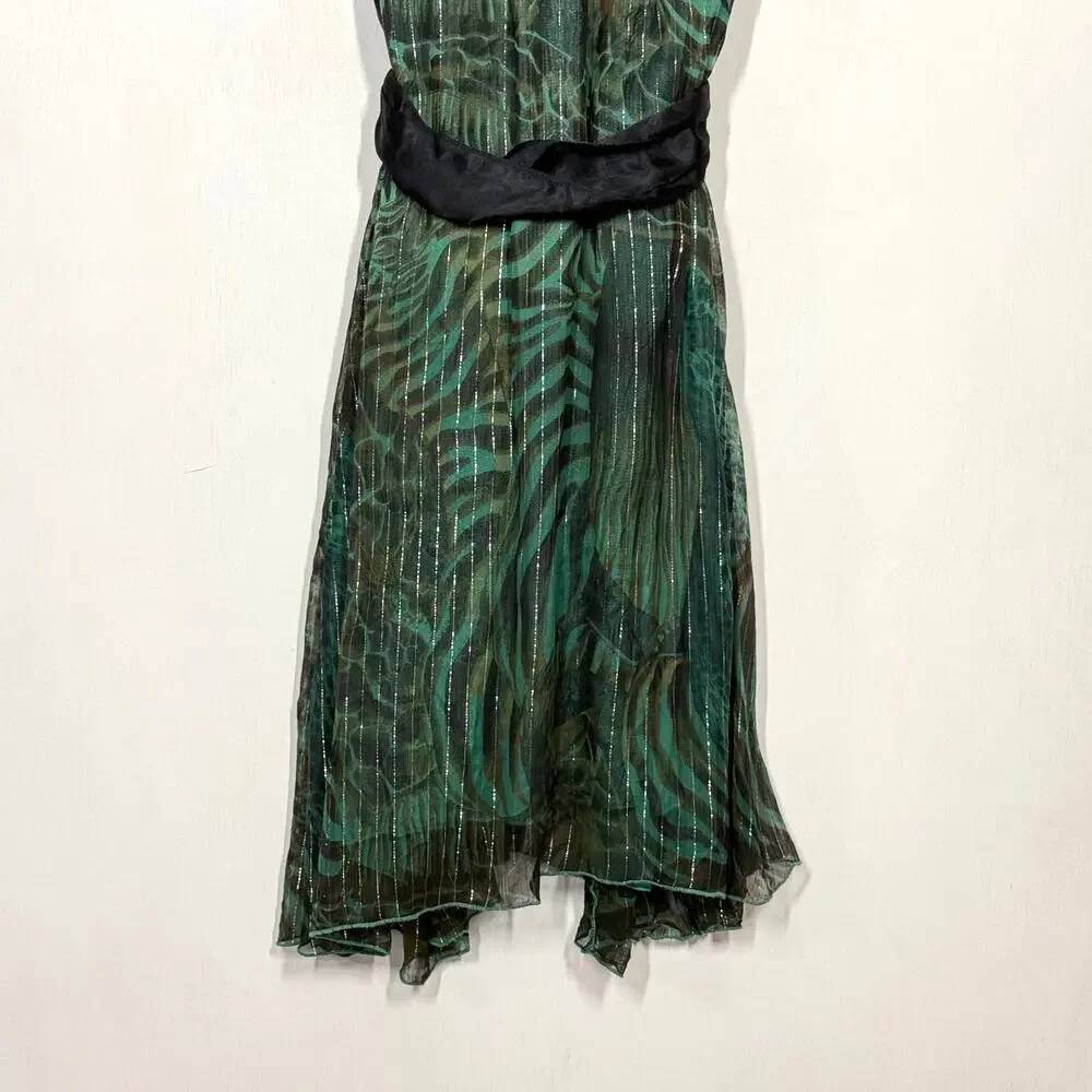 Ulla Popken Chiffon Midi Dress Size 20/22 Green Animal Print Metallic‎ Tie Waist